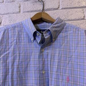 Ralph Lauren Shirt Mens XL Blue Green Pastel Plaid Button Up Long Sleeve 17.5 34
